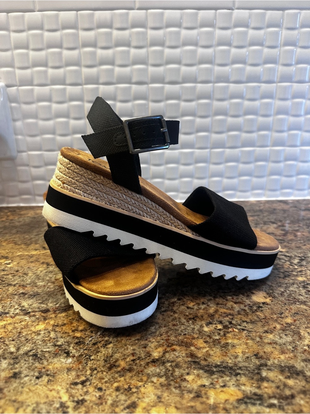 Toms Black and White Platform Wedge Sandals with Ankle Strap